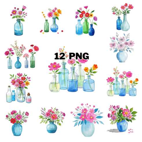 Watercolor Flowers in Bottle Vase Sublimation Clipart Bundle cover image.