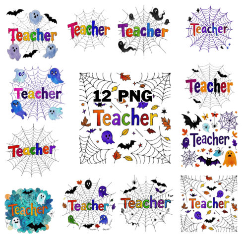 Watercolor Teacher Text With Spooky Vibe With Spider Web And Ghost Sublimation Clipart Bundle cover image.