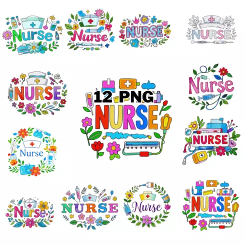 Watercolor Nurse Text With Flower And Leaves Sublimation Clipart Bundle cover image.