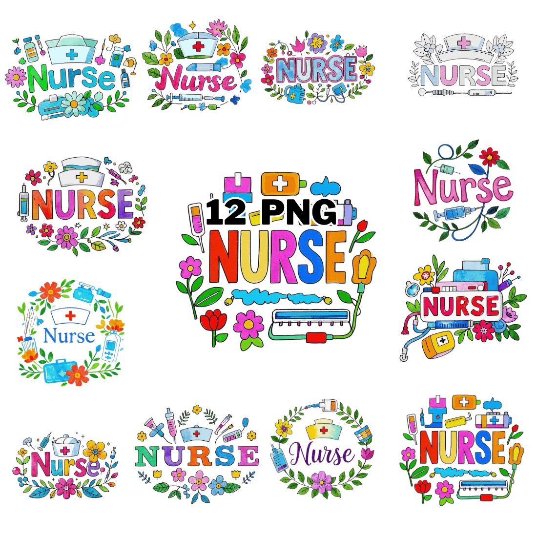 Watercolor Nurse Text With Flower And Leaves Sublimation Clipart Bundle cover image.