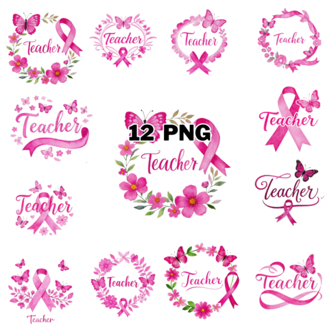 Watercolor Teacher Text With Pink Ribbons Sublimation Clipart Bundle cover image.