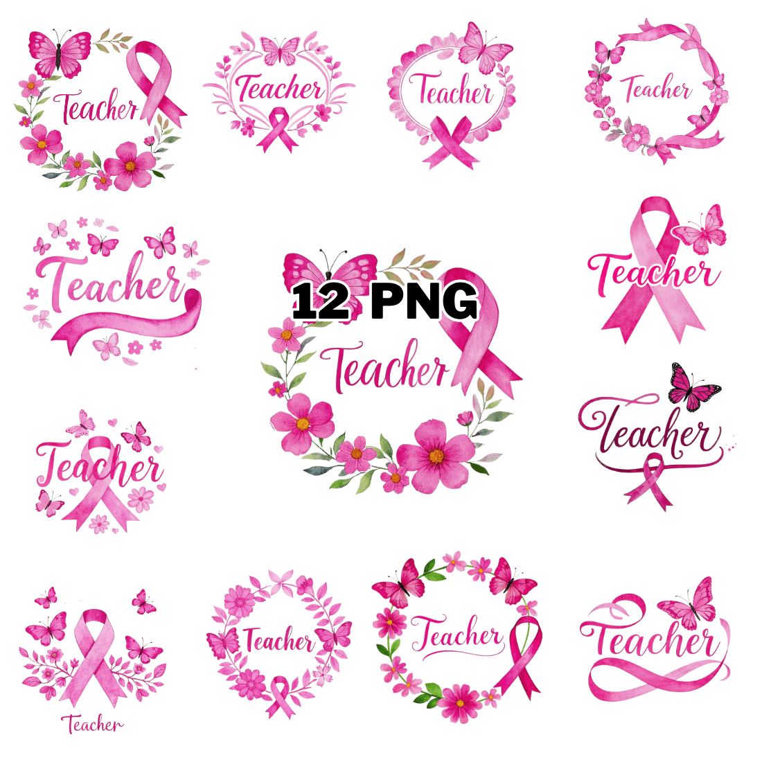 Watercolor Teacher Text With Pink Ribbons Sublimation Clipart Bundle cover image.