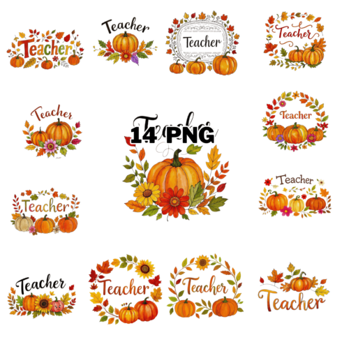 Watercolor Fall Teacher Text With Pumpkin And Leaves Sublimation Clipart Bundle cover image.