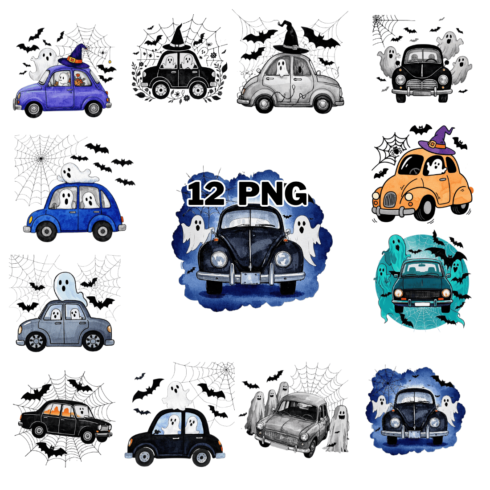 Watercolor Spooky Car With Ghost, Spider Web And Bats Sublimation Clipart Bundle cover image.
