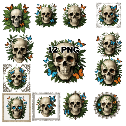 Skull with Butterflies and Greenery Sublimation Clipart Bundle cover image.