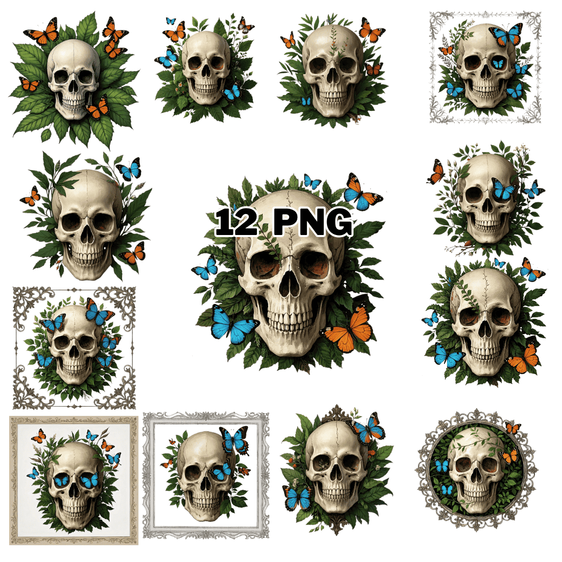 Skull with Butterflies and Greenery Sublimation Clipart Bundle cover image.