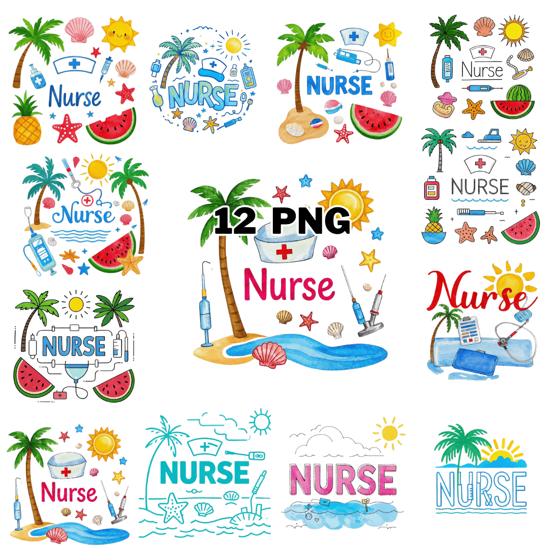 Watercolor Nurse Text With Summer Theme Sublimation Clipart Bundle cover image.