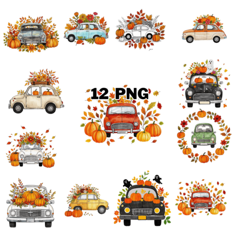 Watercolor Fall Car With Flowers And Pumpkin Sublimation Clipart Bundle cover image.