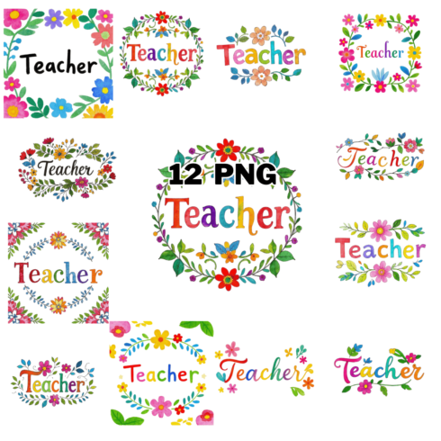 Watercolor Teacher Text With Flowers And Leaves Sublimation Clipart Bundle cover image.