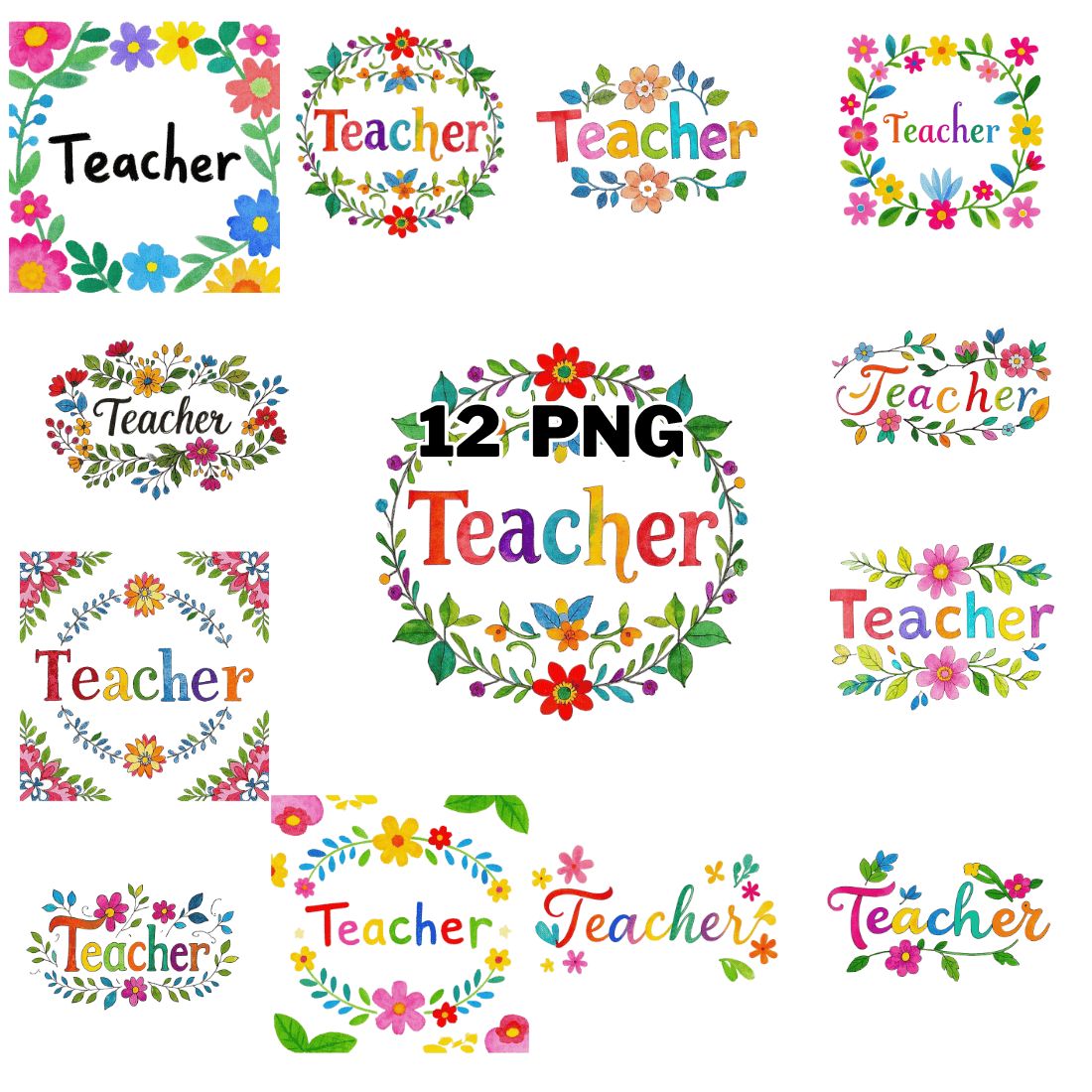 Watercolor Teacher Text With Flowers And Leaves Sublimation Clipart Bundle cover image.