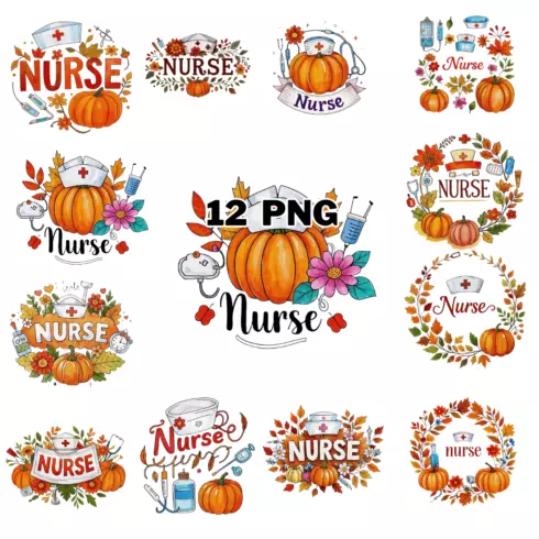 Watercolor Autumn Nurse Text With Flower Pumpkin Sublimation Clipart Bundle cover image.
