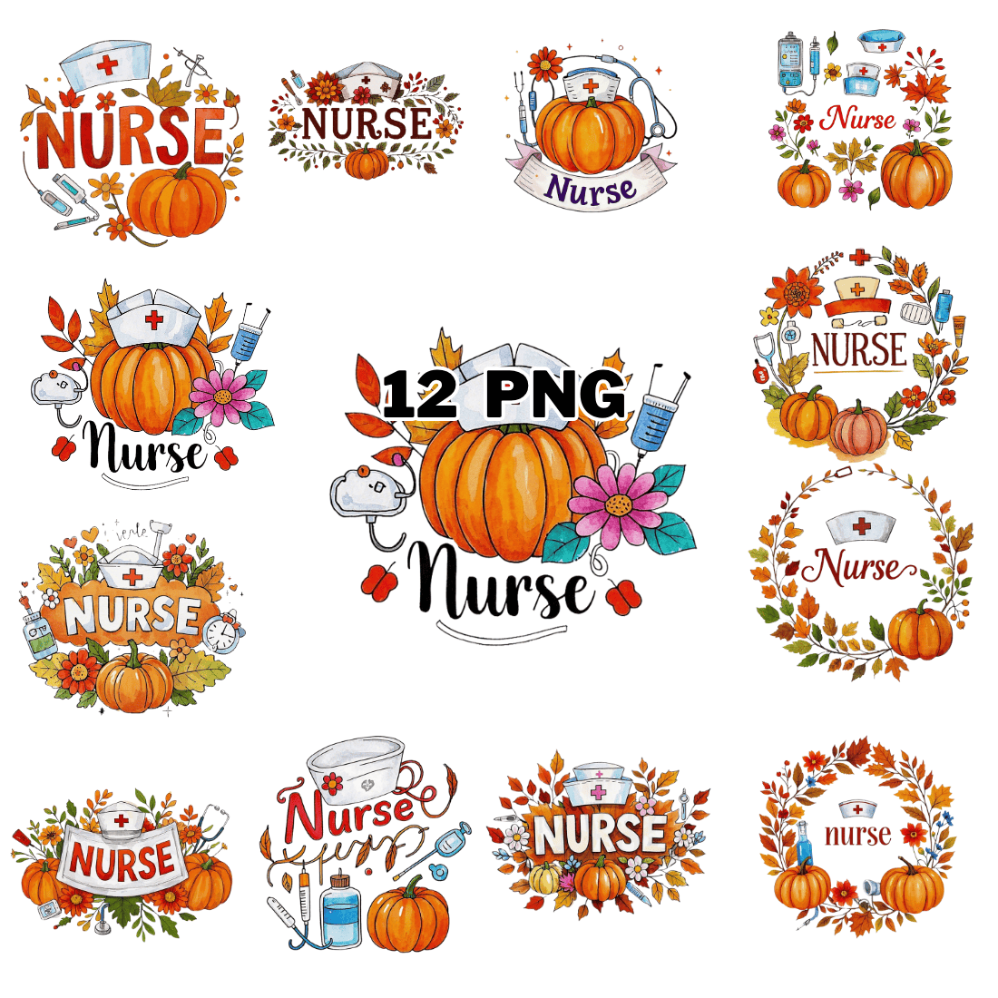 Watercolor Autumn Nurse Text With Flower Pumpkin Sublimation Clipart Bundle cover image.