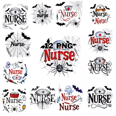 Watercolor Spooky Nurse Text Ghost, Bats And Spider Sublimation Clipart Bundle cover image.