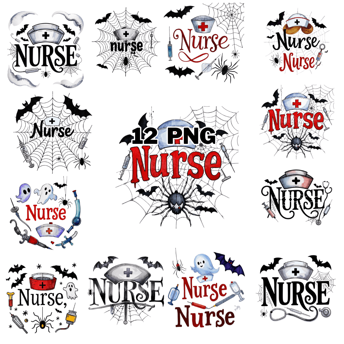 Watercolor Spooky Nurse Text Ghost, Bats And Spider Sublimation Clipart Bundle cover image.