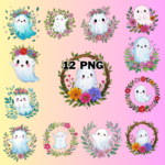 Watercolor Floral Cute Ghost Sublimation Clipart Bundle cover image.