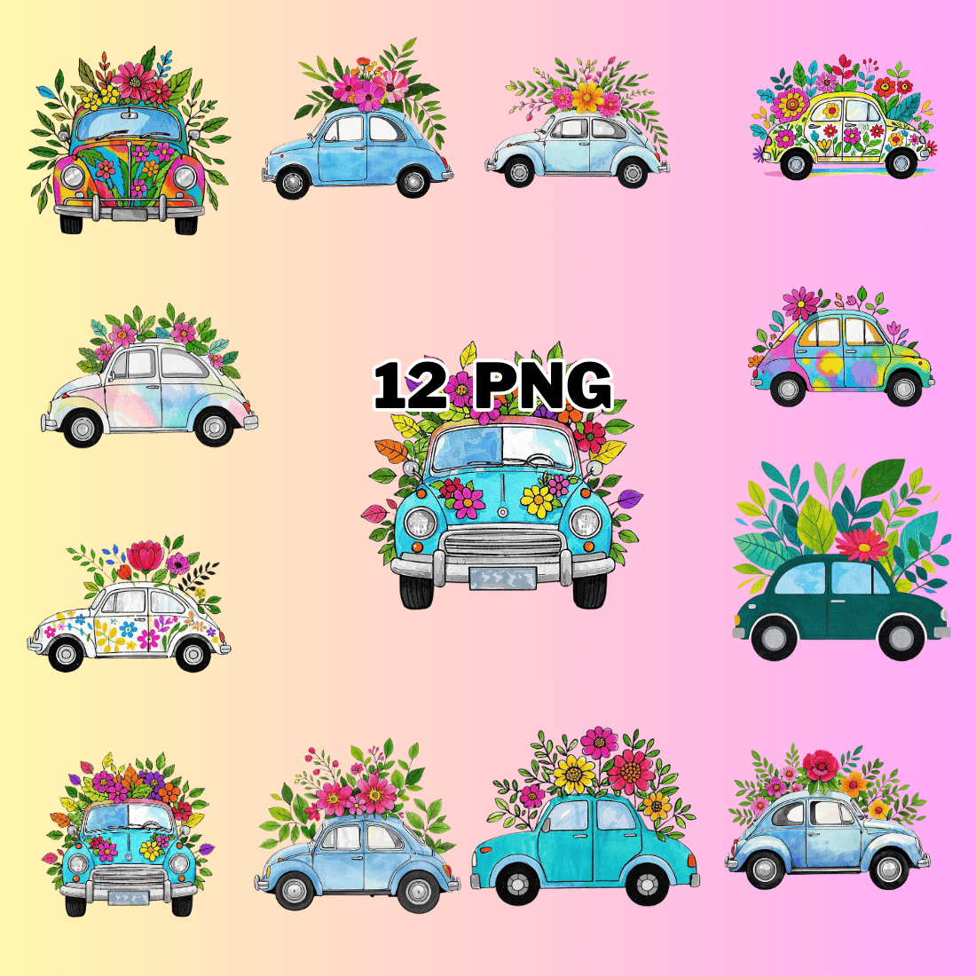 Colorful Car With Flowers And Leaves Sublimation Clipart Bundle preview image.