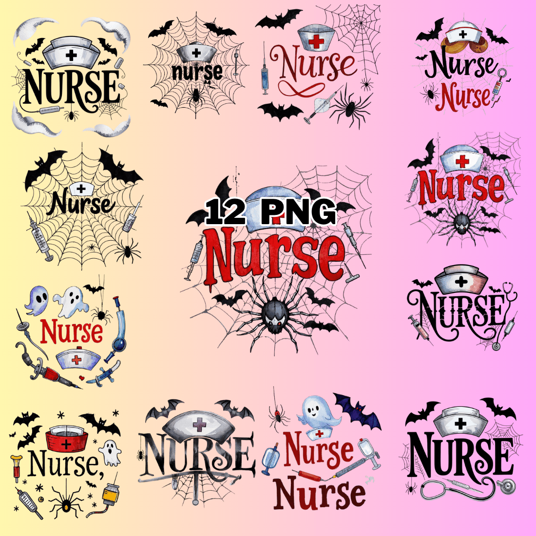 Watercolor Spooky Nurse Text Ghost, Bats And Spider Sublimation Clipart Bundle preview image.