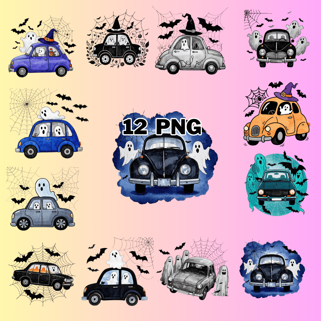 Watercolor Spooky Car With Ghost, Spider Web And Bats Sublimation Clipart Bundle preview image.