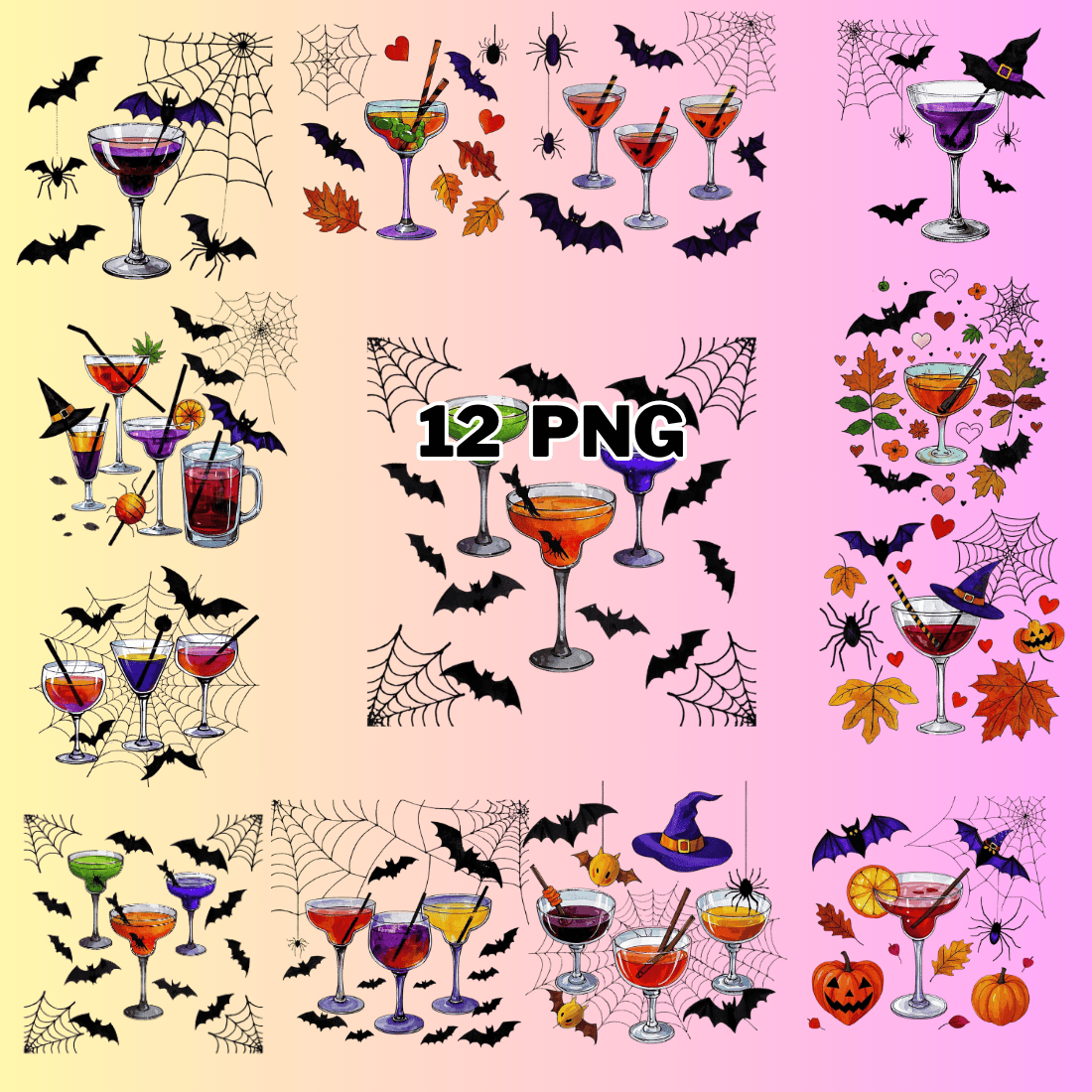 Watercolor Witch Cocktails Sublimation Clipart Bundle preview image.