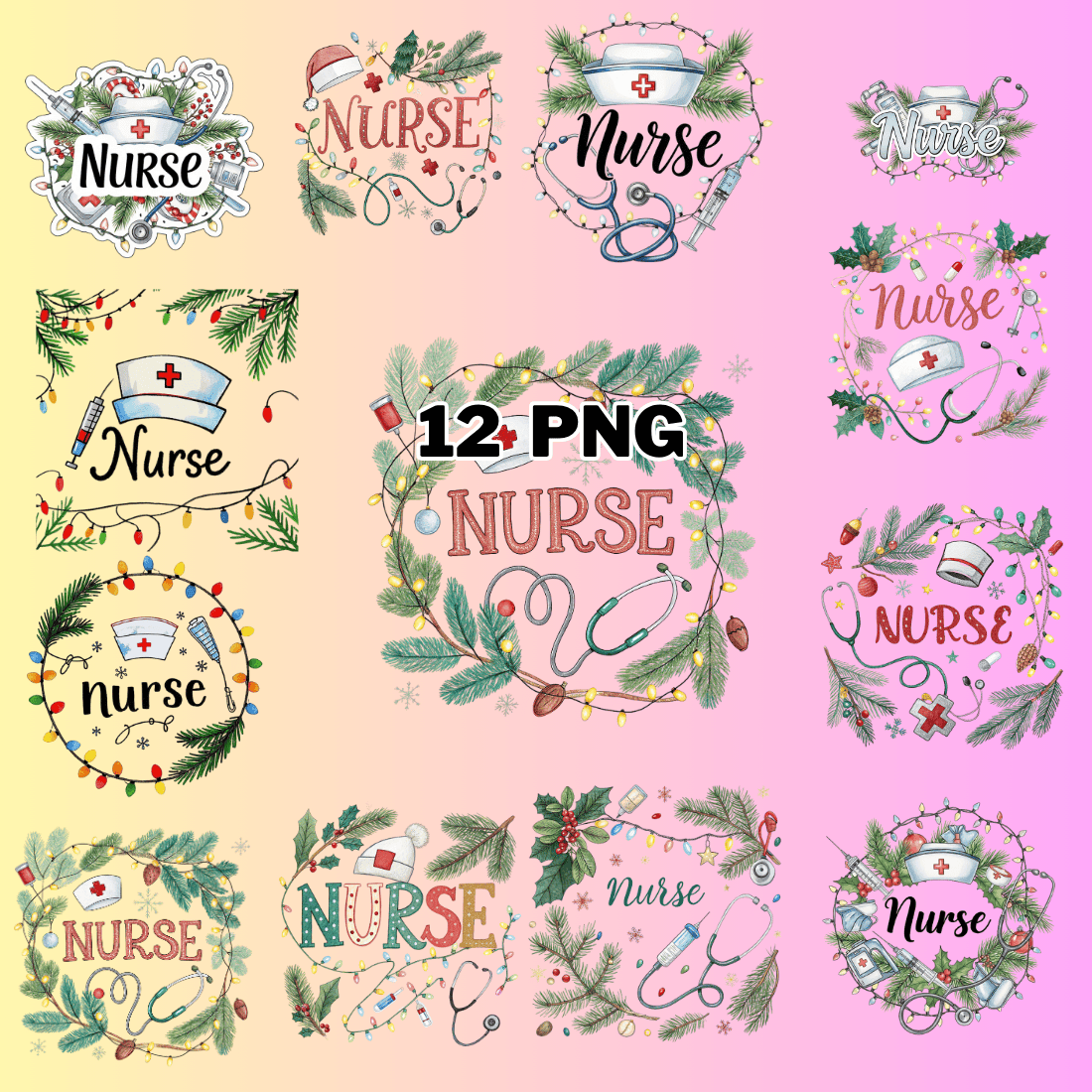 Watercolor Winter Festive Holiday Nurse Text Sublimation Clipart Bundle preview image.