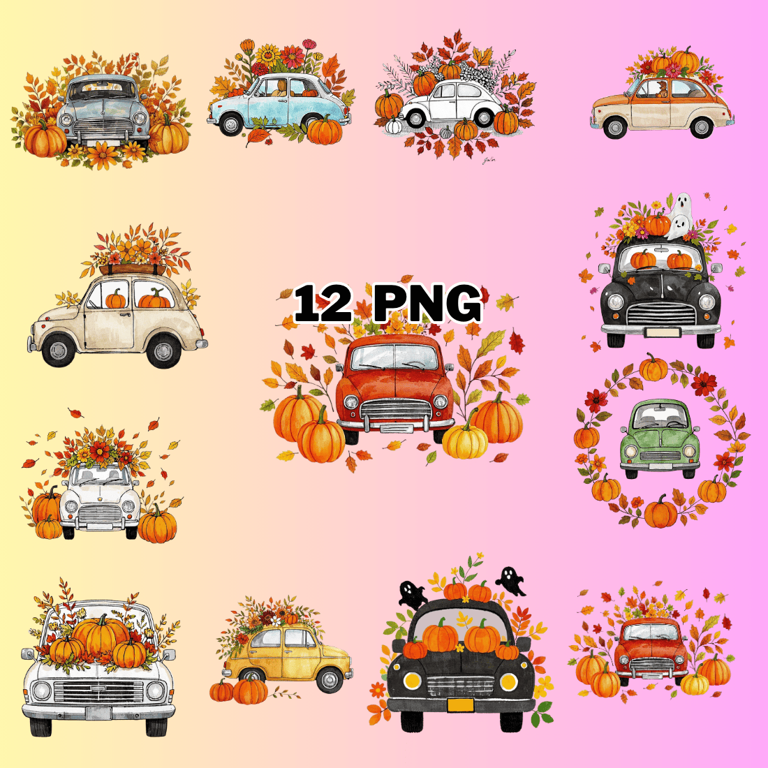 Watercolor Fall Car With Flowers And Pumpkin Sublimation Clipart Bundle preview image.