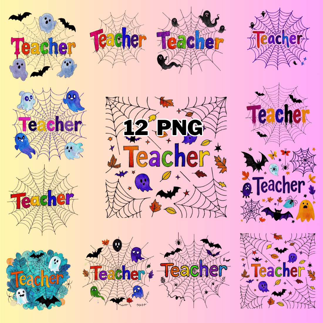 Watercolor Teacher Text With Spooky Vibe With Spider Web And Ghost Sublimation Clipart Bundle preview image.