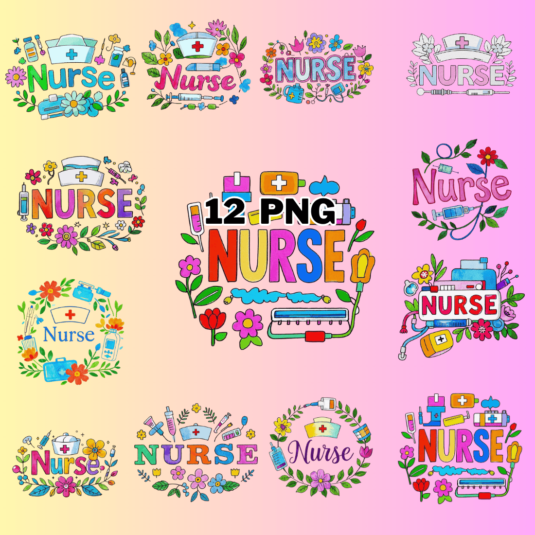 Watercolor Nurse Text With Flower And Leaves Sublimation Clipart Bundle preview image.