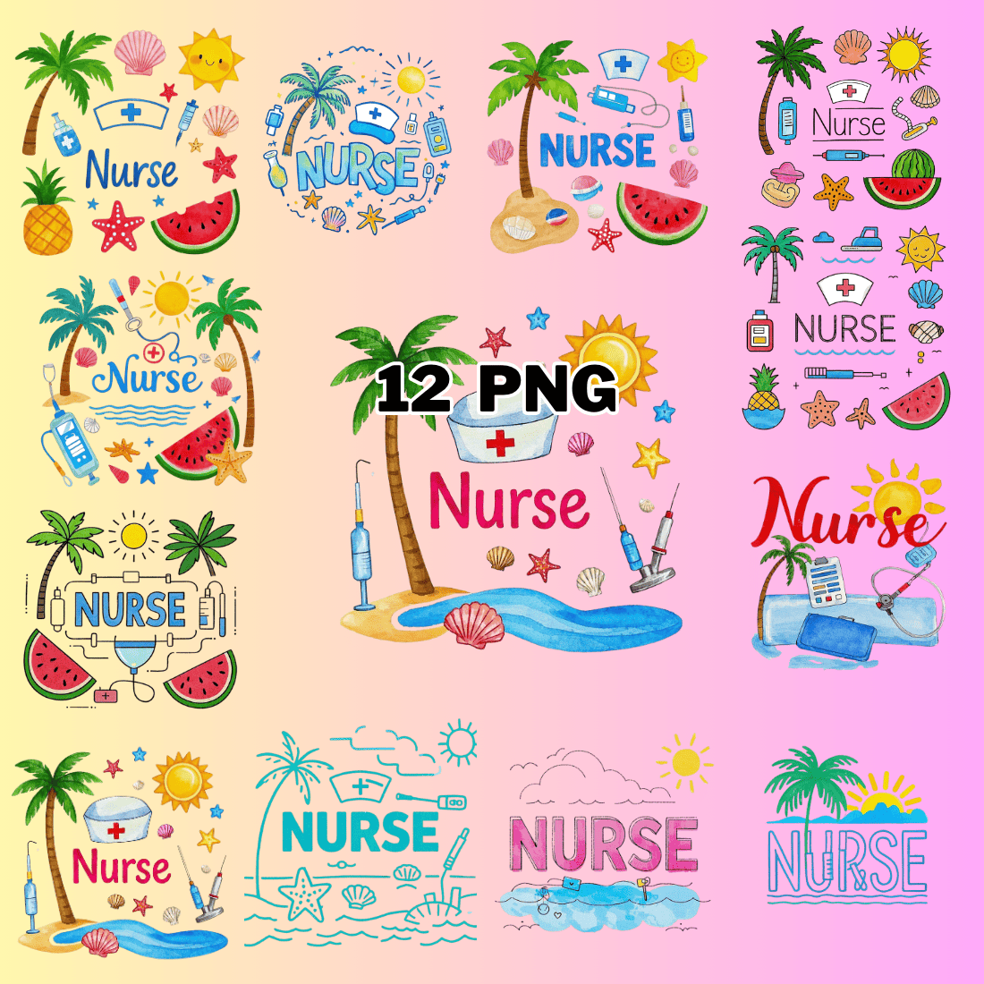 Watercolor Nurse Text With Summer Theme Sublimation Clipart Bundle preview image.
