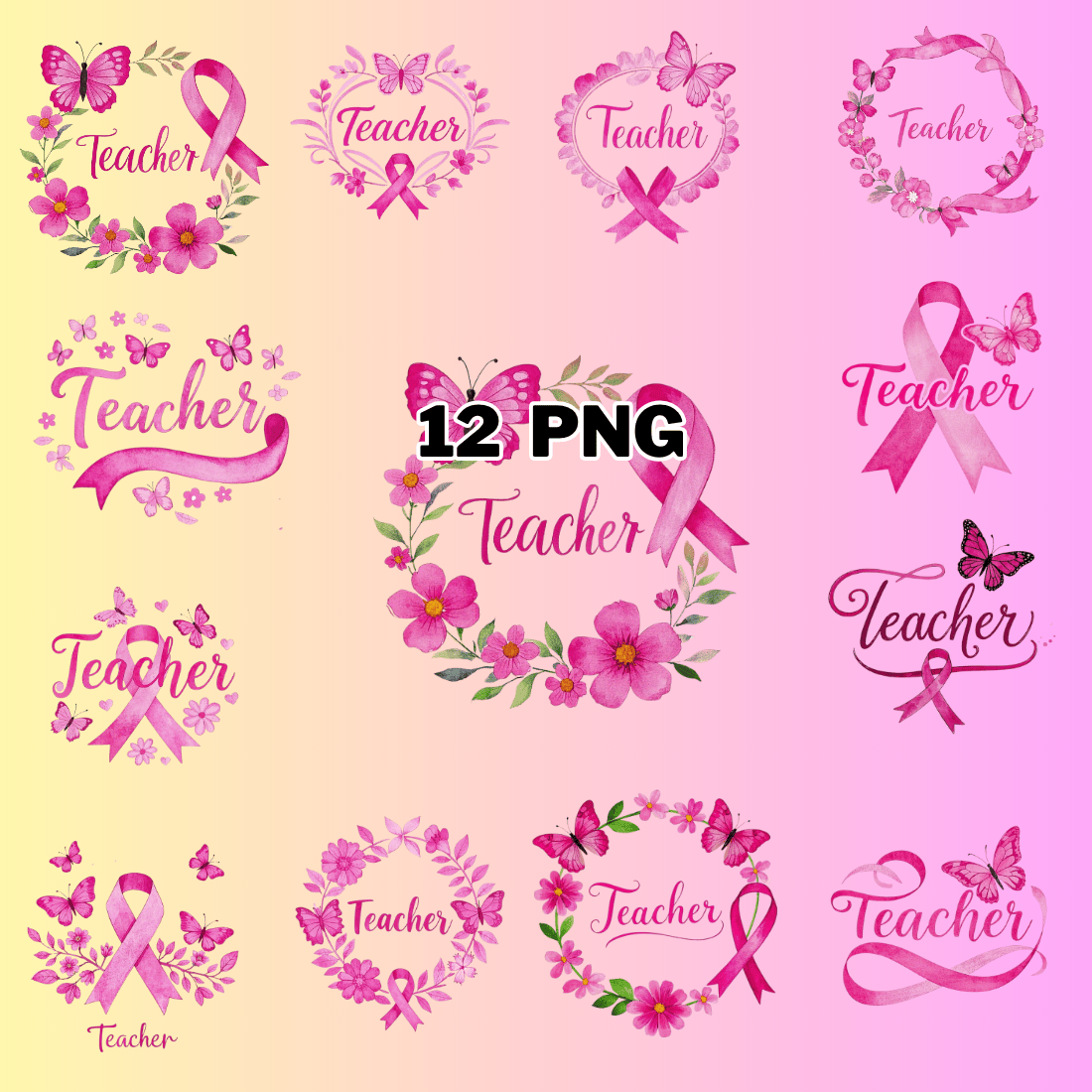 Watercolor Teacher Text With Pink Ribbons Sublimation Clipart Bundle preview image.