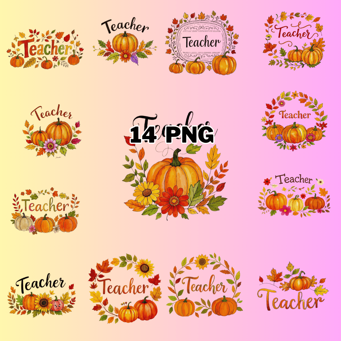 Watercolor Fall Teacher Text With Pumpkin And Leaves Sublimation Clipart Bundle preview image.