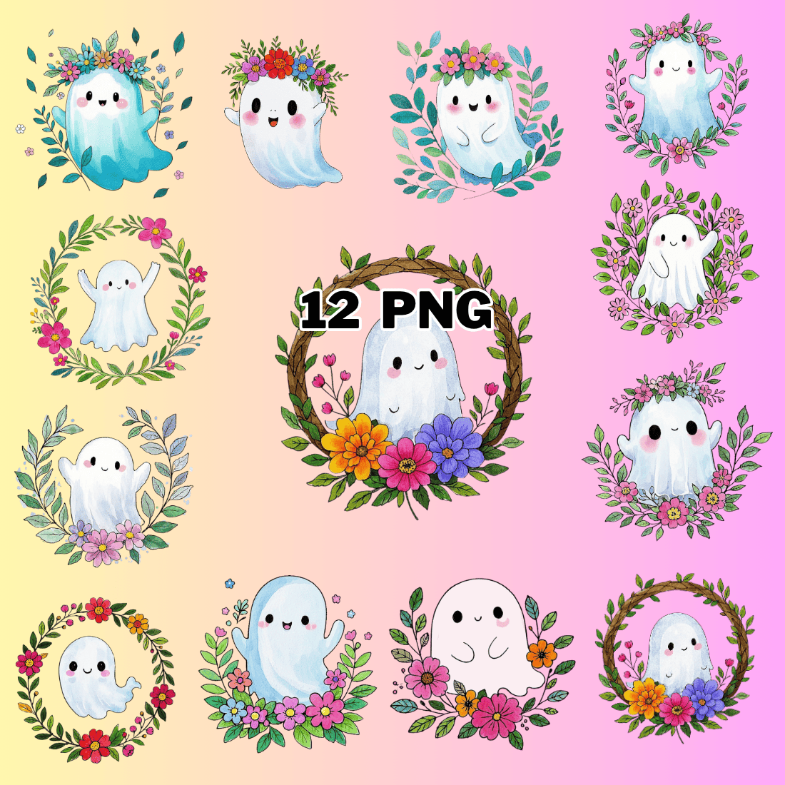 Watercolor Floral Cute Ghost Sublimation Clipart Bundle preview image.