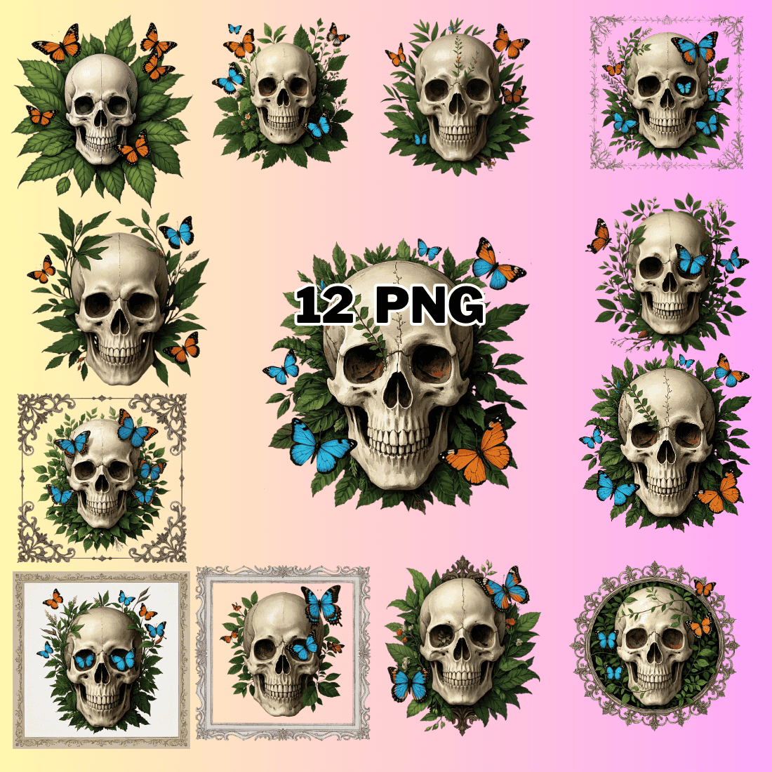 Skull with Butterflies and Greenery Sublimation Clipart Bundle preview image.