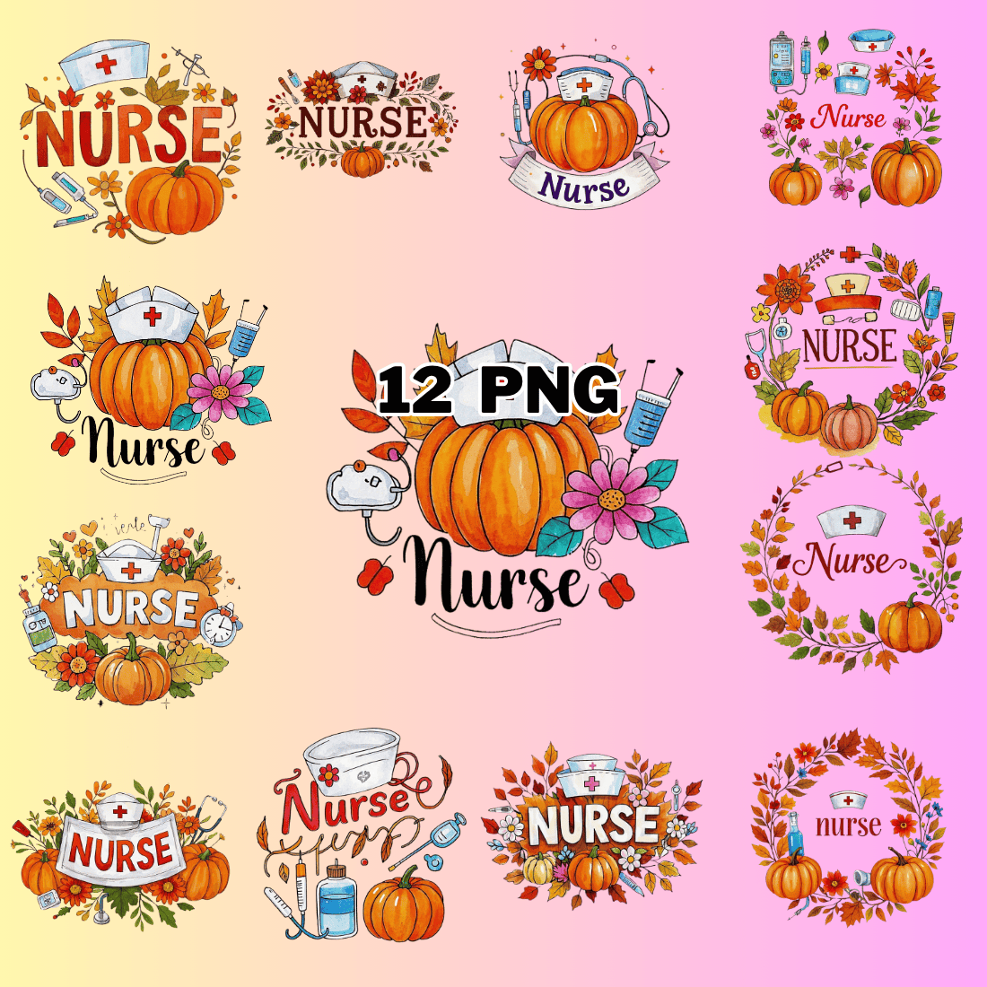 Watercolor Autumn Nurse Text With Flower Pumpkin Sublimation Clipart Bundle preview image.