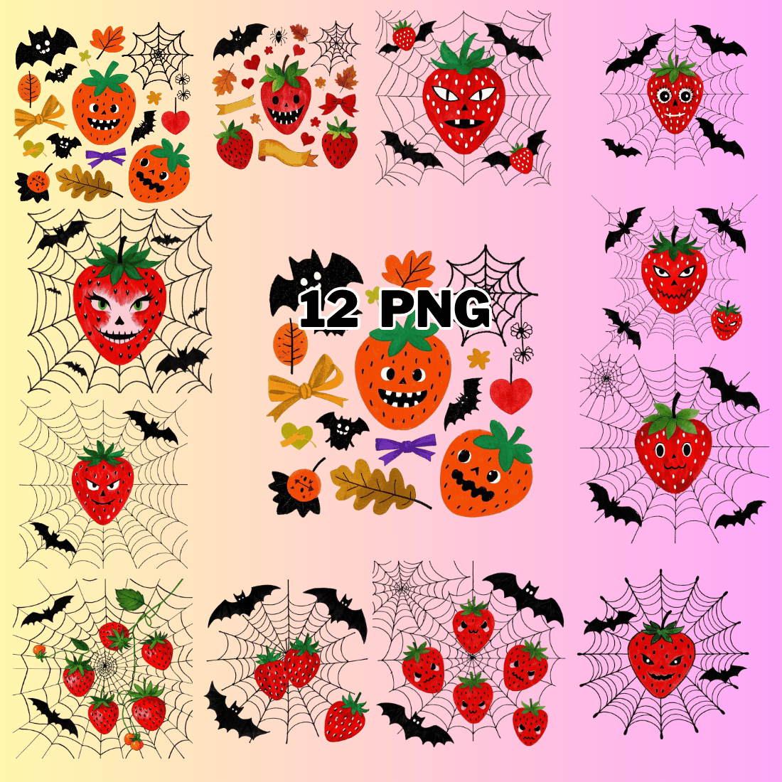 Watercolor Strawberry With Bats Summerween Sublimation Clipart Bundle preview image.