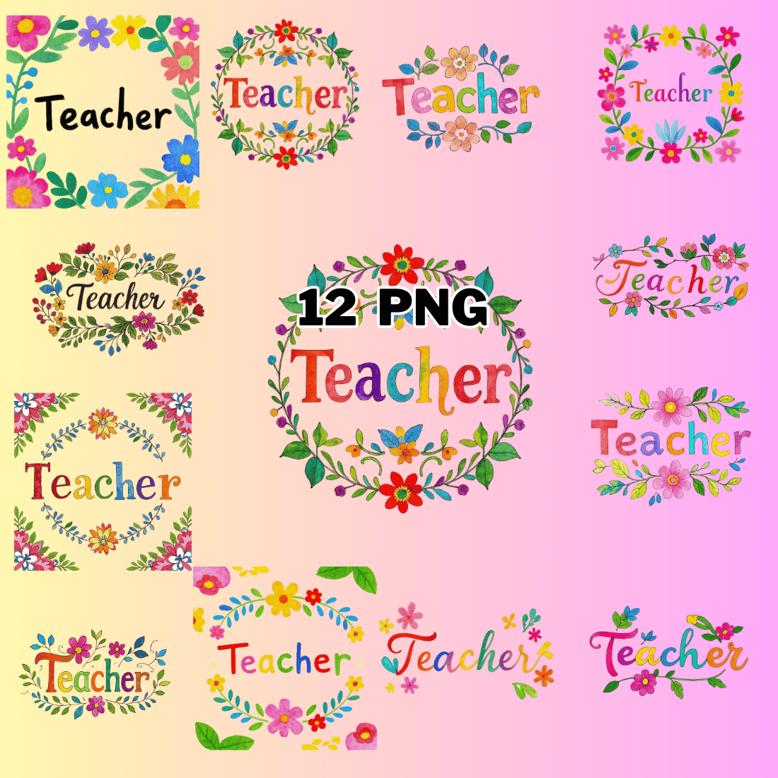 Watercolor Teacher Text With Flowers And Leaves Sublimation Clipart Bundle preview image.