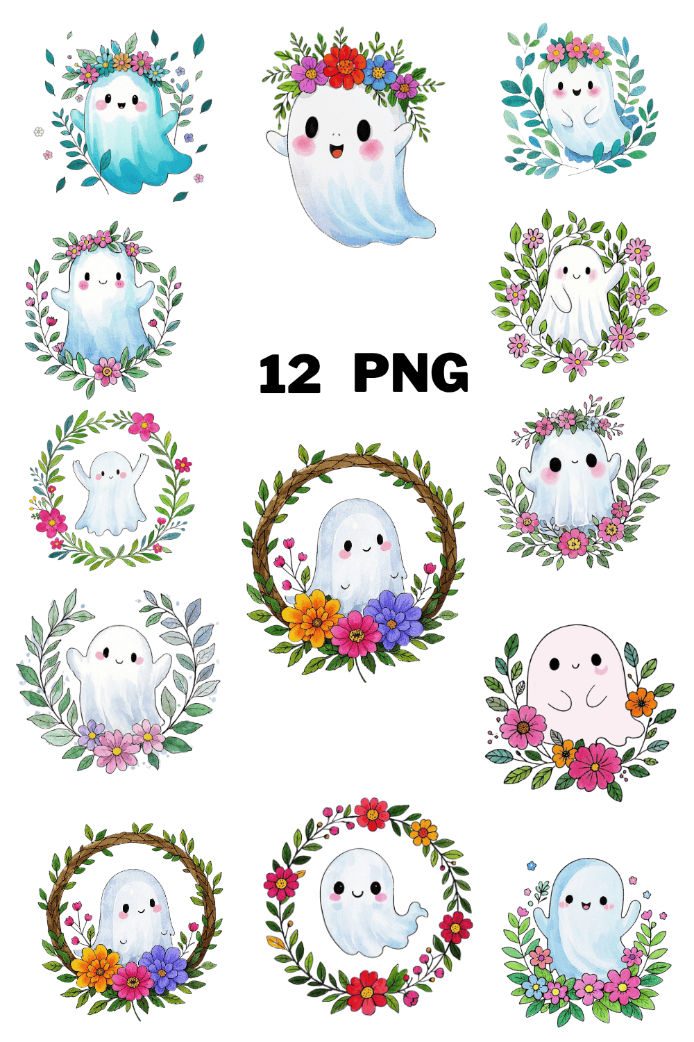 Watercolor Floral Cute Ghost Sublimation Clipart Bundle pinterest preview image.