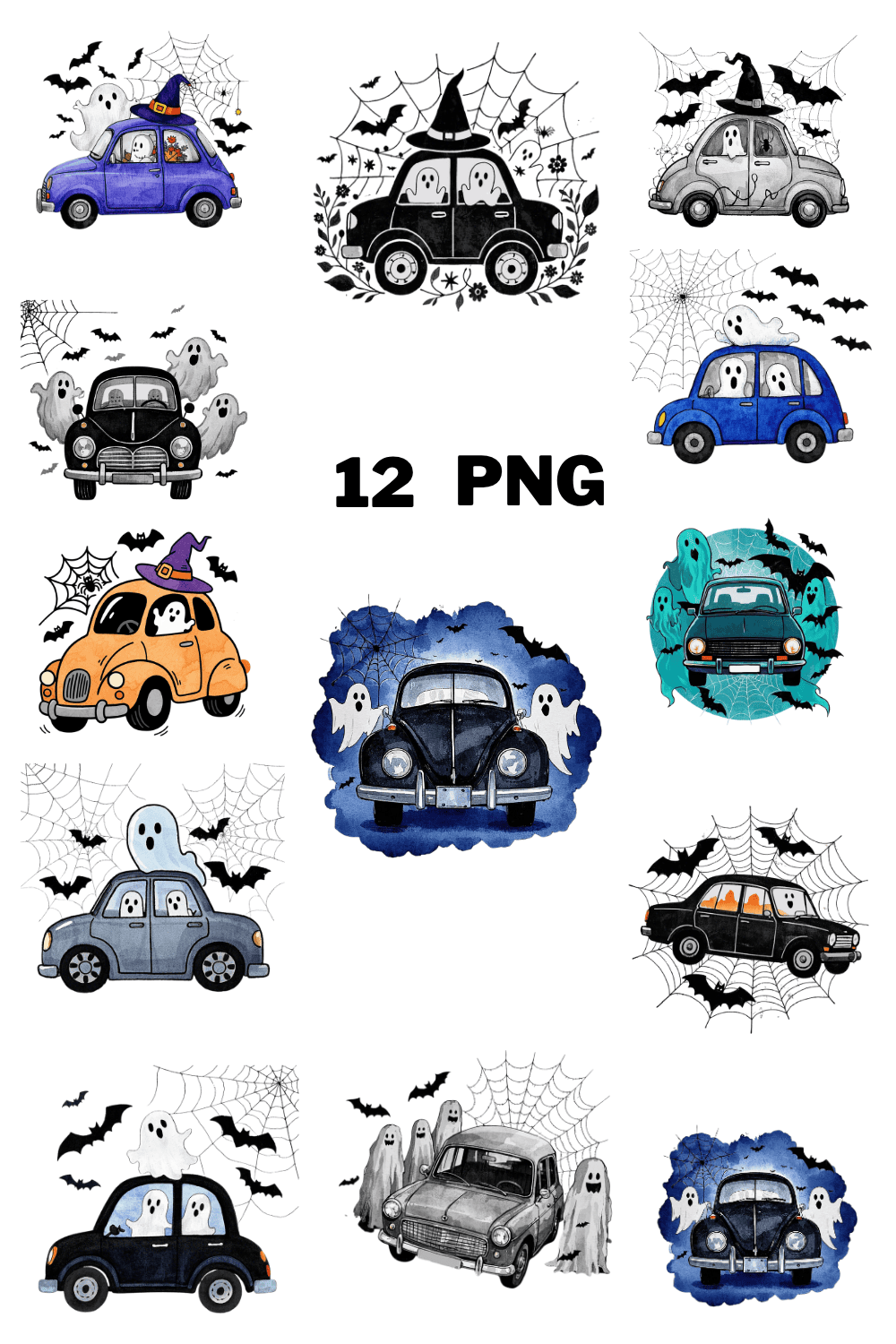 Watercolor Spooky Car With Ghost, Spider Web And Bats Sublimation Clipart Bundle pinterest preview image.