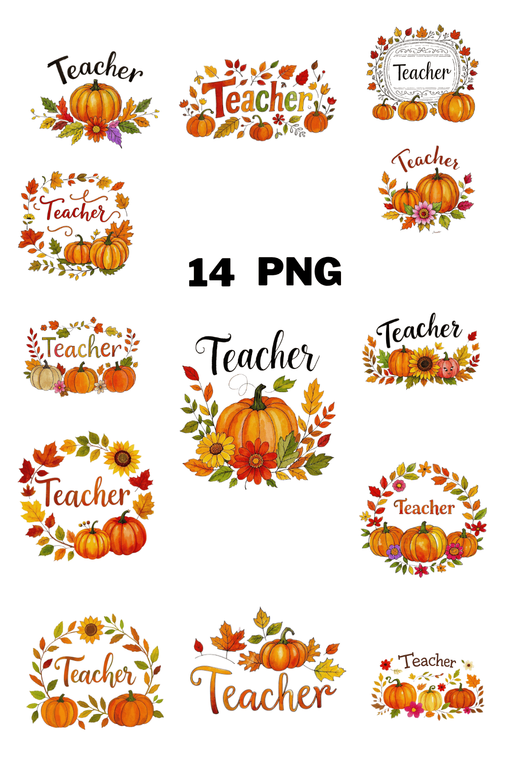 Watercolor Fall Teacher Text With Pumpkin And Leaves Sublimation Clipart Bundle pinterest preview image.