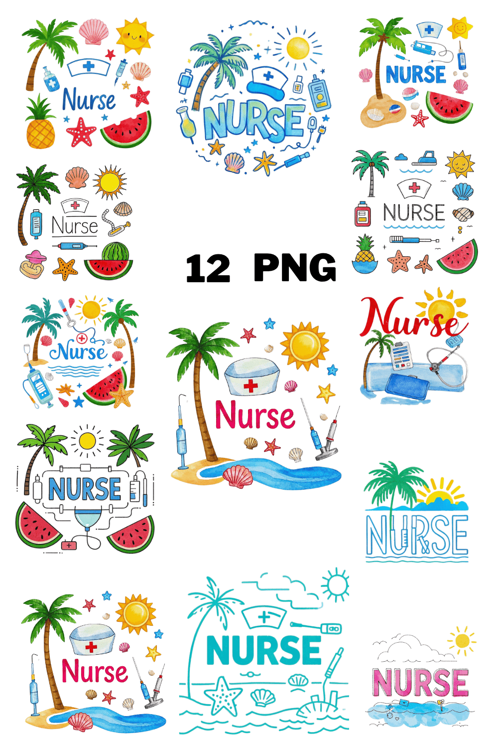 Watercolor Nurse Text With Summer Theme Sublimation Clipart Bundle pinterest preview image.