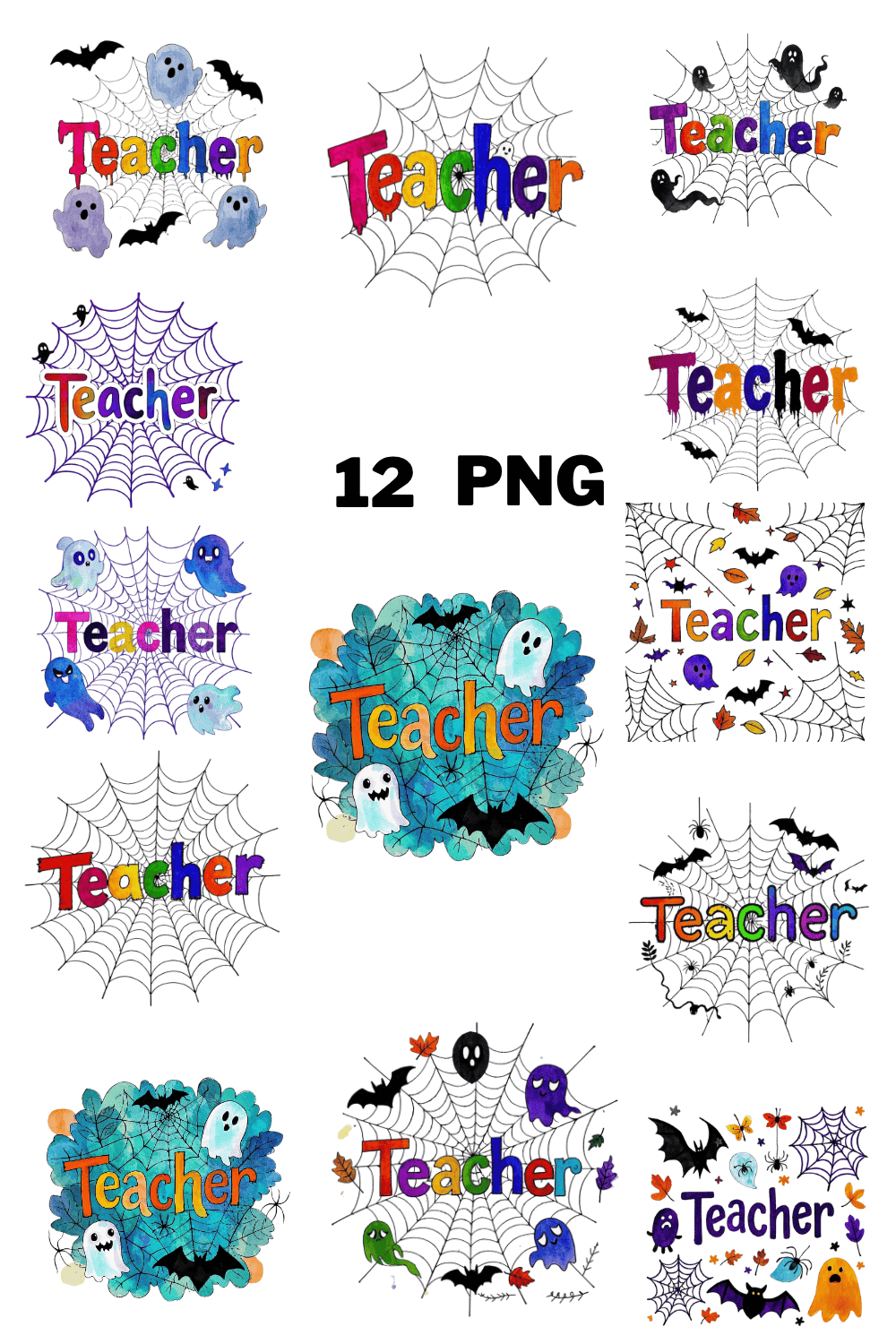 Watercolor Teacher Text With Spooky Vibe With Spider Web And Ghost Sublimation Clipart Bundle pinterest preview image.