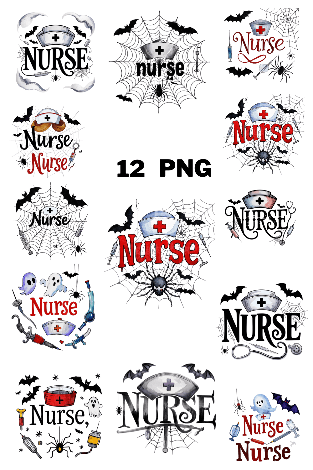 Watercolor Spooky Nurse Text Ghost, Bats And Spider Sublimation Clipart Bundle pinterest preview image.
