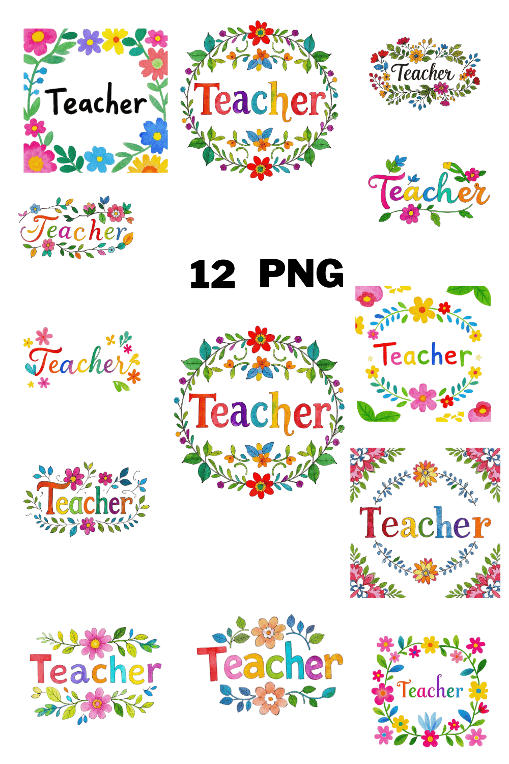 Watercolor Teacher Text With Flowers And Leaves Sublimation Clipart Bundle pinterest preview image.