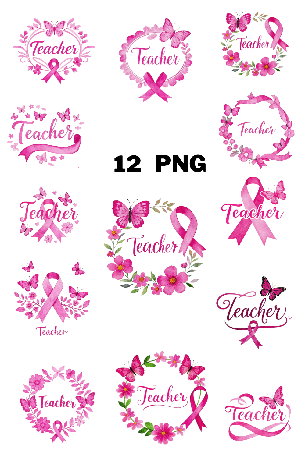 Watercolor Teacher Text With Pink Ribbons Sublimation Clipart Bundle pinterest preview image.