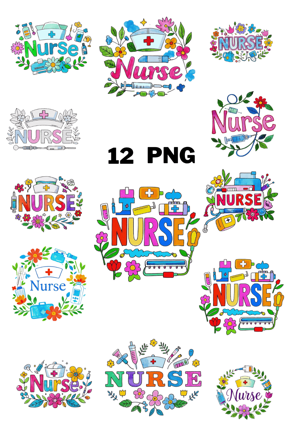 Watercolor Nurse Text With Flower And Leaves Sublimation Clipart Bundle pinterest preview image.