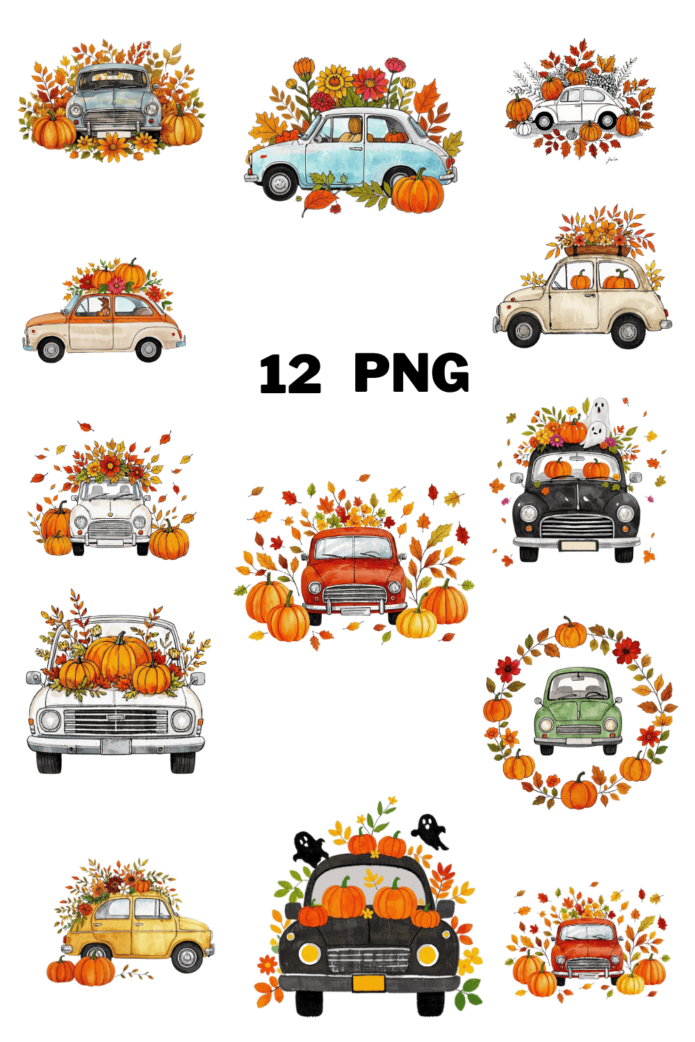 Watercolor Fall Car With Flowers And Pumpkin Sublimation Clipart Bundle pinterest preview image.