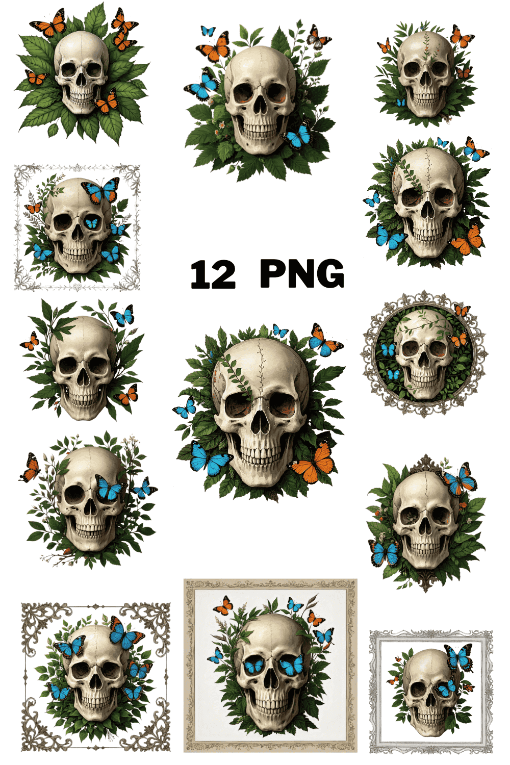 Skull with Butterflies and Greenery Sublimation Clipart Bundle pinterest preview image.