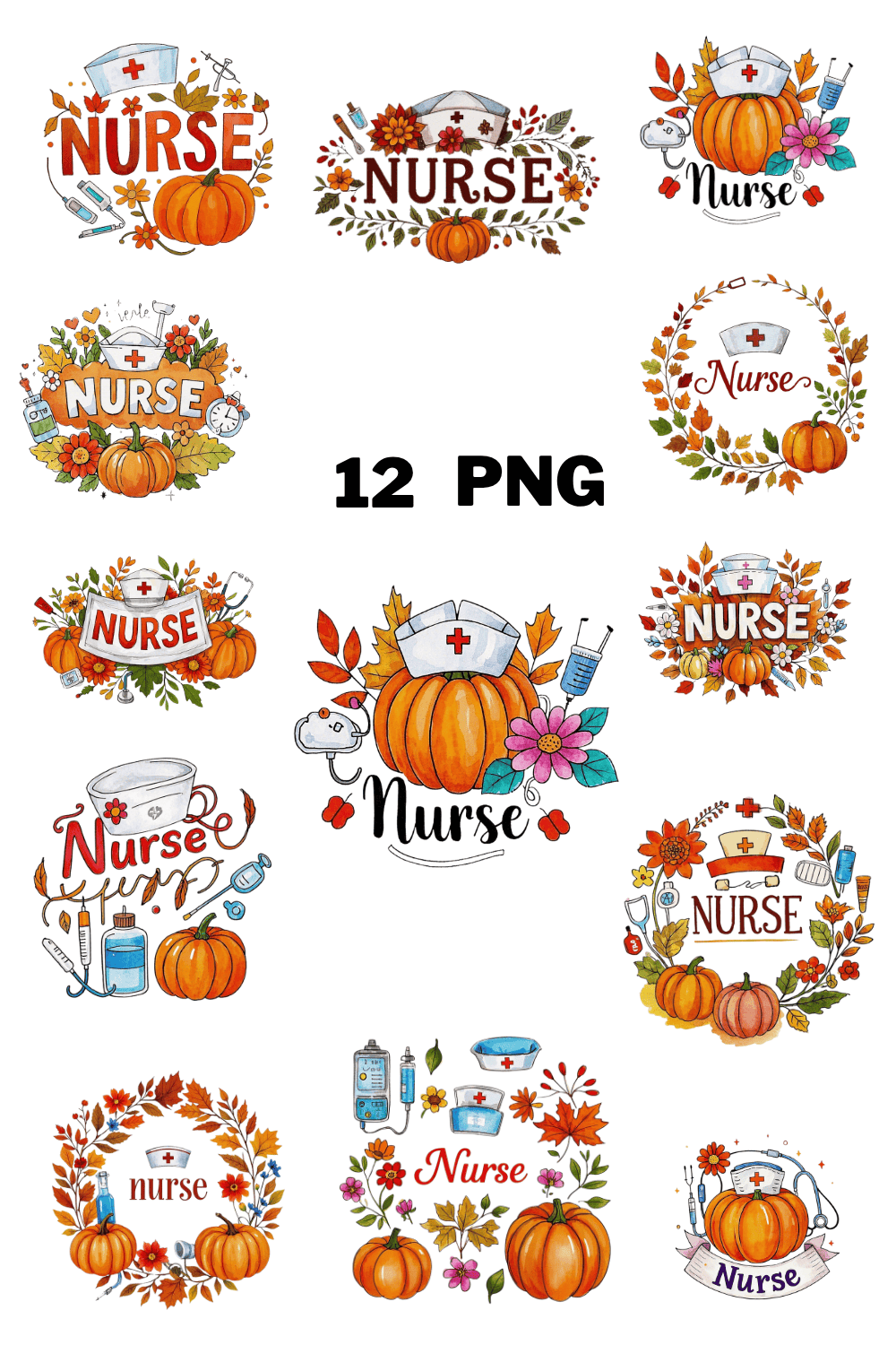 Watercolor Autumn Nurse Text With Flower Pumpkin Sublimation Clipart Bundle pinterest preview image.