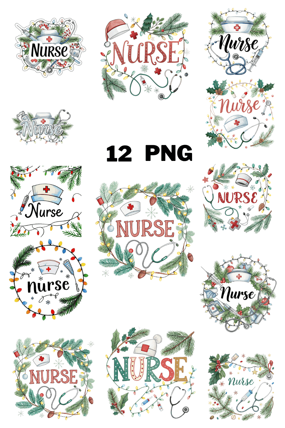 Watercolor Winter Festive Holiday Nurse Text Sublimation Clipart Bundle pinterest preview image.