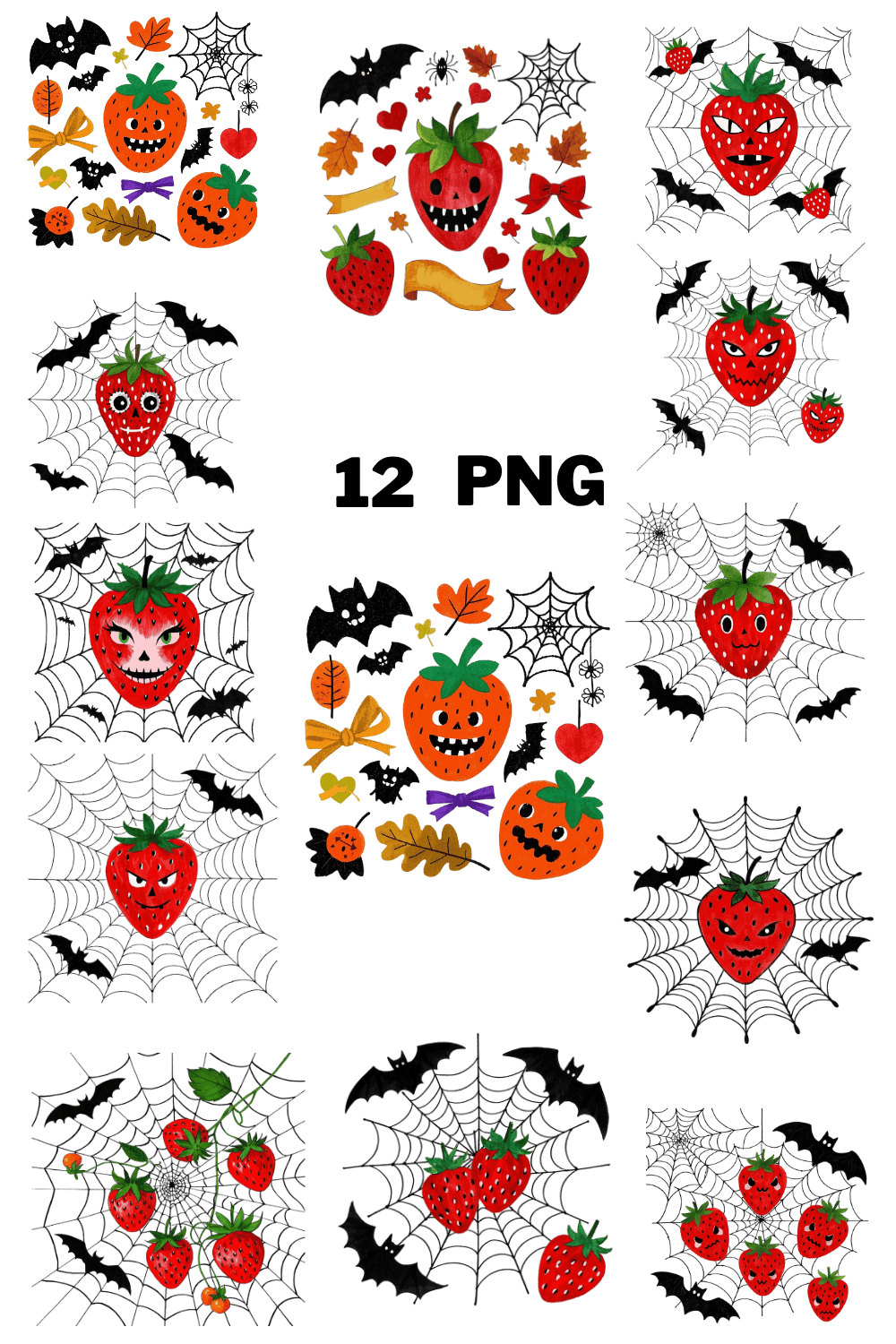 Watercolor Strawberry With Bats Summerween Sublimation Clipart Bundle pinterest preview image.