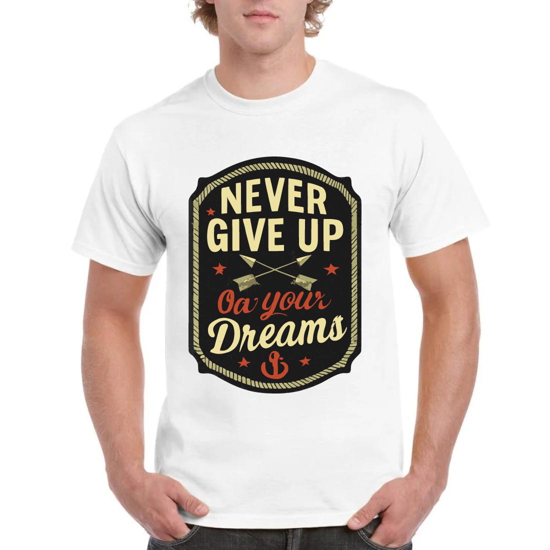Never Give Up On Your Dreams Vintage Badge Tee cover image.